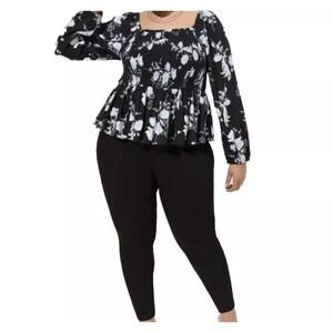 Torrid Babydoll Rayon Smocked Blouse 3X Floral Black Square Neck Peplum Casual